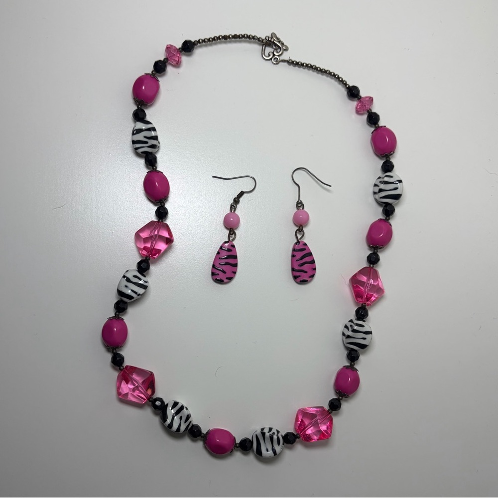 Pink and Black Beaded Necklace and Earring Set
